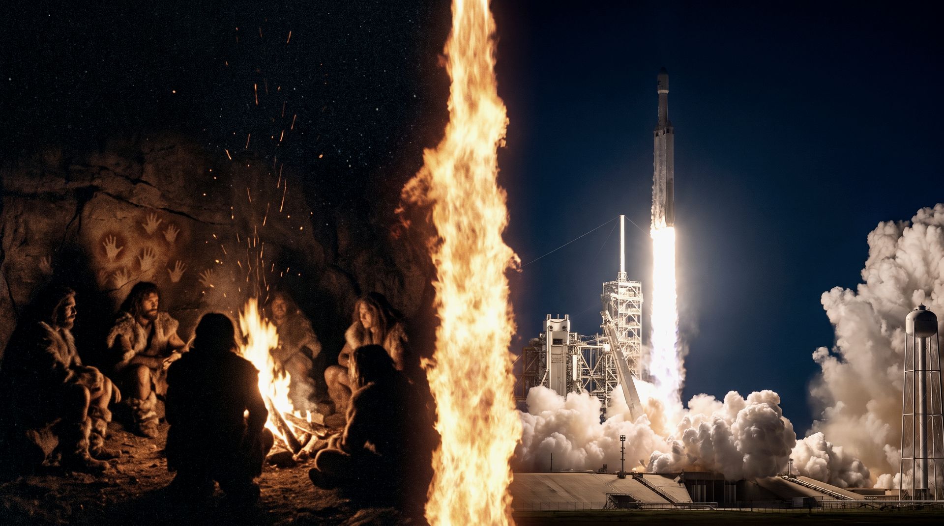 Composite split by a center line: prehistoric figures gathered around a fire beneath painted handprints on the left; the same column of flame becoming the exhaust of a rocket launching at night on the right.